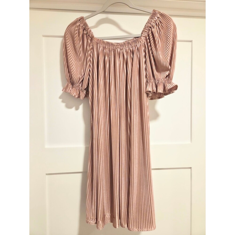 Pink Plisse Pleated Mini Dress Off Shoulder Puff Sleeve Boho Coquette S/M